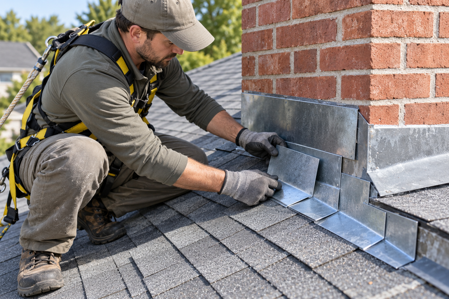 AI illustration of a harnessed model positioning metal flashing beside a brick chimney