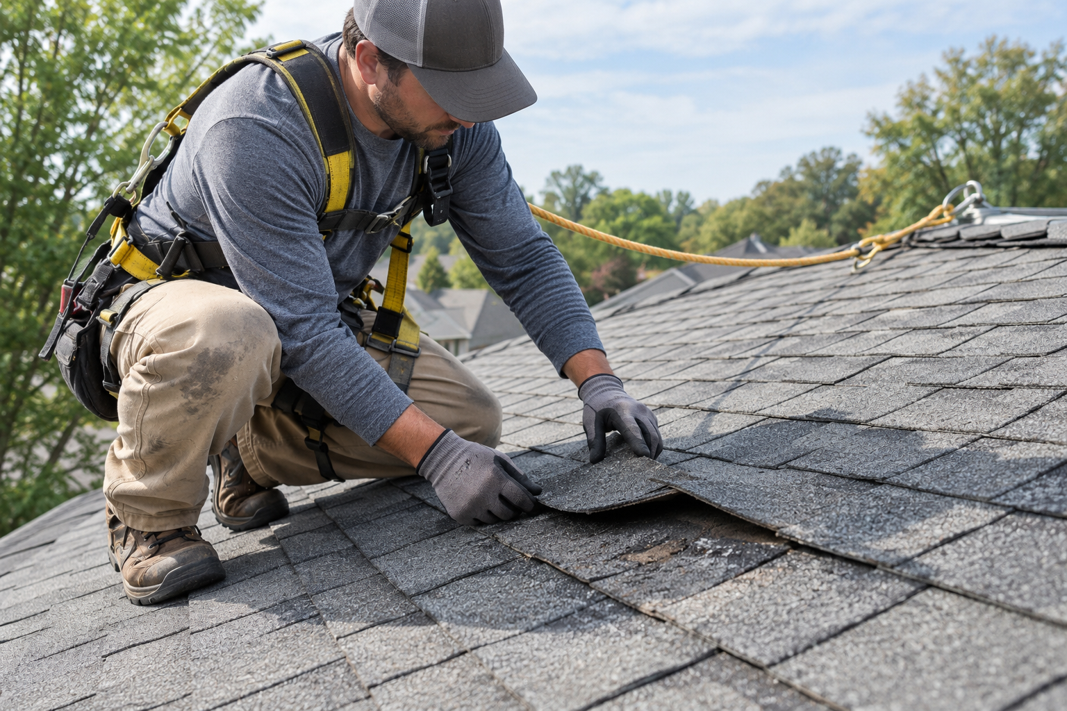 AI illustration of a harnessed model inspecting a damaged asphalt shingle on a residential roof