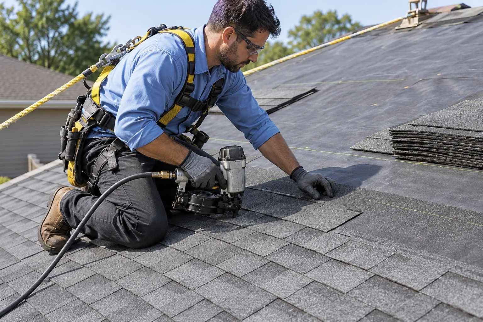 AI illustration of a harnessed model installing gray asphalt shingles